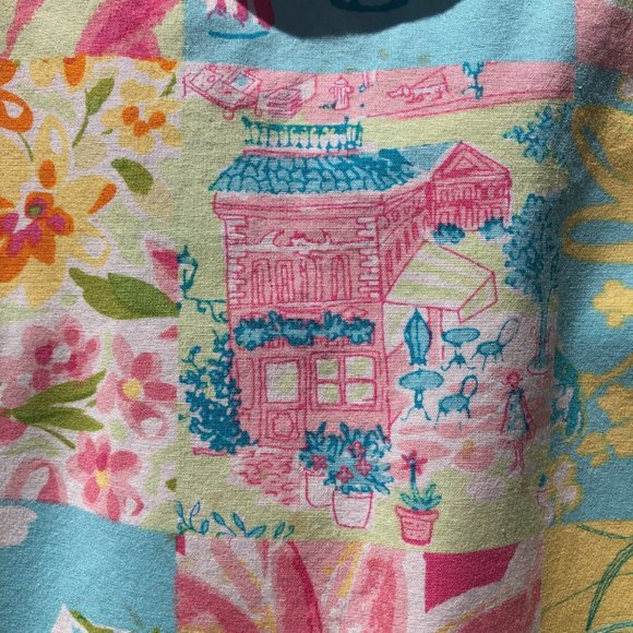 Vintage Palm Lily Cottagecore Sleeveless Boho Patchwork Button Front Shirt Dress - Picture 12 of 16